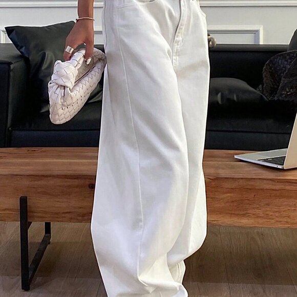 White Casual Women's Solid Color Loose Denim Pants - Picture 7 of 9